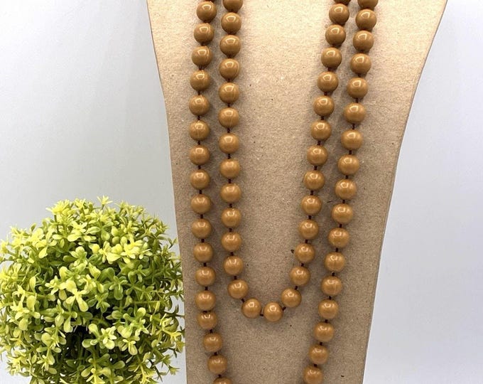 Vintage Caramel Tan Plastic Bead Long Rope Necklace Hand Knotted