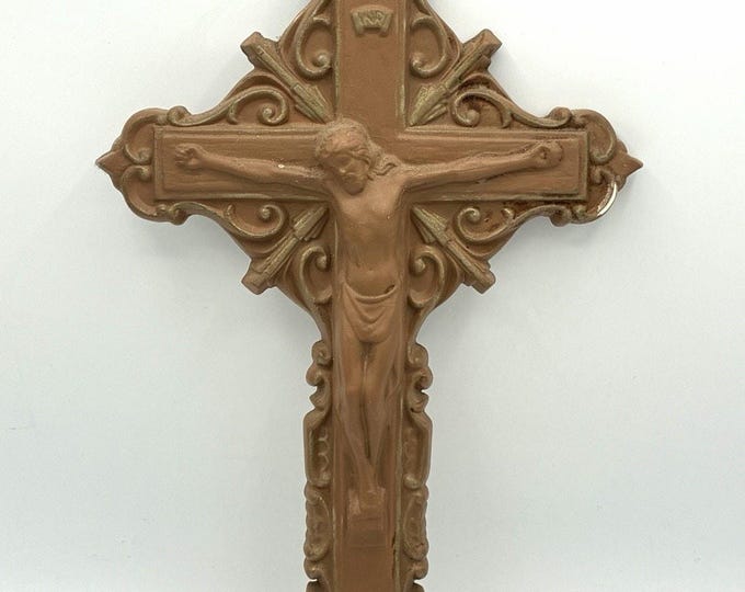 Vintage Crucifix Cross 12.5” Ornate Brown Gold Religious Catholic Wall Handmade