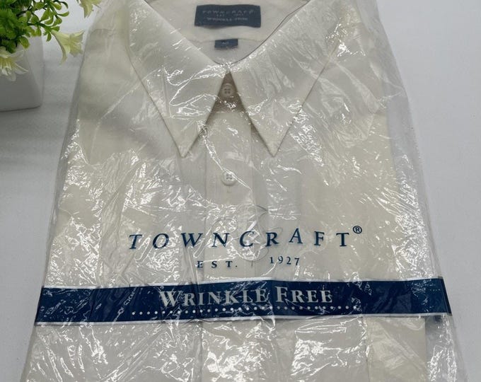 Vtg Towncraft Penneys Ivory Cotton Polyester Wrinkle Free Button Up Shirt 18”