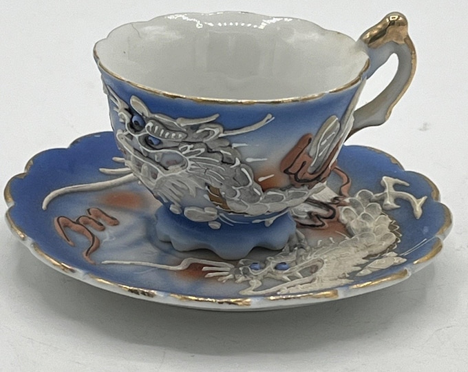 Vintage Miniature Dragonware Japan Demitasse Cup Saucer Blue Raised Dragon Gold