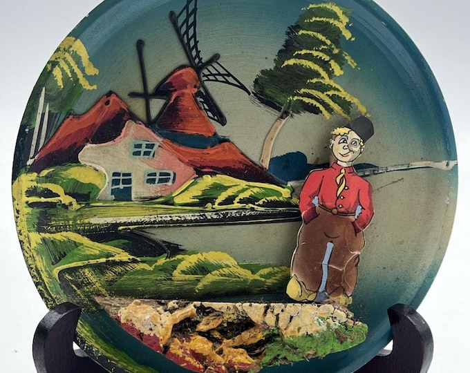 Vintage 7” Hand‑Painted Wooden Dutch Windmill Plate – Holland Folk Art – World Gift Co