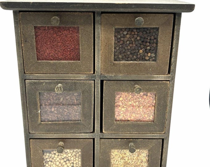 Primitive Spice Tea Chest 6 Drawer Apothecary Cabinet Seed Display 9.5”