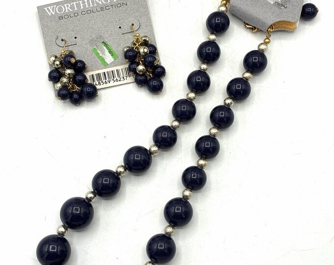 Worthington Bold Collection Navy Blue Bead Necklace Earrings Set NOS
