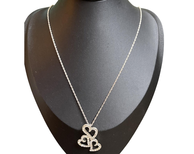 Avon Triple Heart Necklace Silver Tone Rope Chain Clear Rhinestones 18-20"