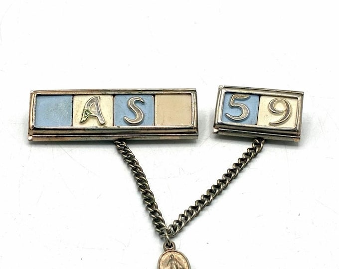 Vintage Sweater Guard AS 59 Virgin Mary Miraculous Medal Chain Pin Brooch