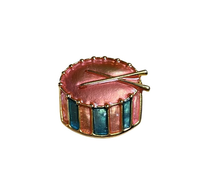 Coral And Green 1” Drum Pendant Brooch Pin Goldtone
