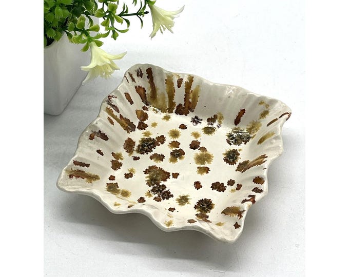 Vintage Ceramic Ruffled Edge Trinket Dish Brown Speckle Drip Glaze 4 Inch