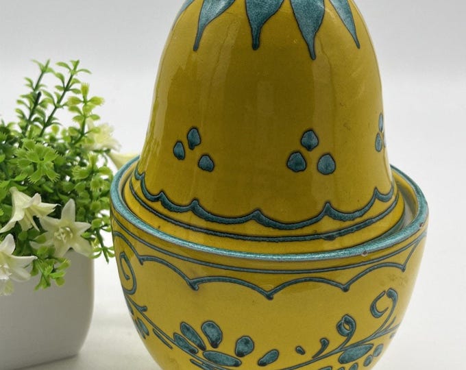 Vintage Canary yellow And Teal Italian Pottery Lidded Ginger Jar Eggplant Shape
