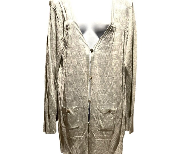 Adolfo Vintage Silver White Metallic Button Cardigan Size L