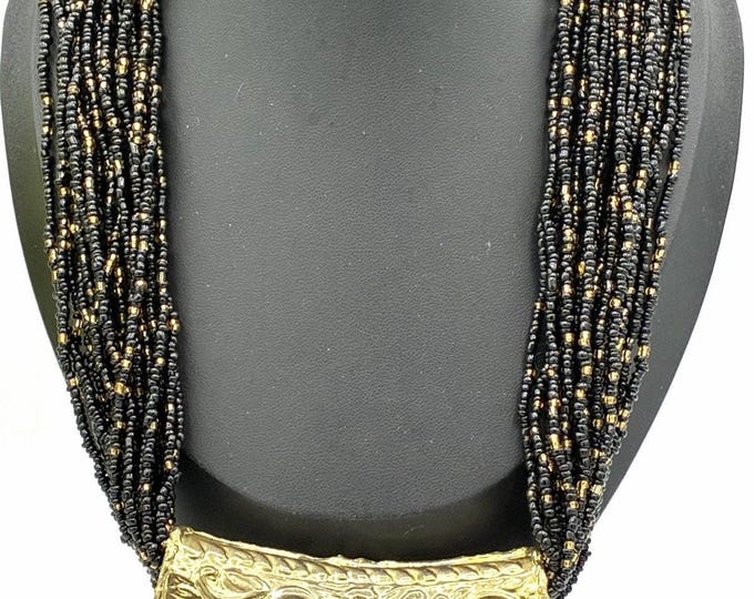 Black Gold Multi Strand Seed Bead Statement Necklace 20” Tribal Boho Bib