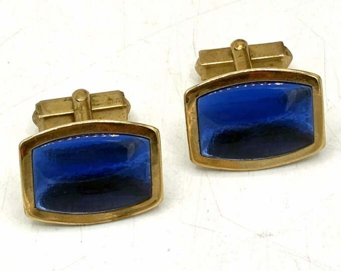 Vintage Anson Cufflinks Cobalt Blue Glass Gold Tone Rectangle MCM 3/4”