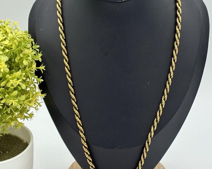 Vintage Trifari Gold Tone Black Cord Rope Twist Necklace 24” Two Tone 1970s