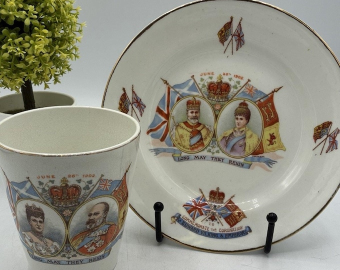 Antique 1902 Edward VII Coronation Beaker & Plate Set Shillitoe Mayor June 26