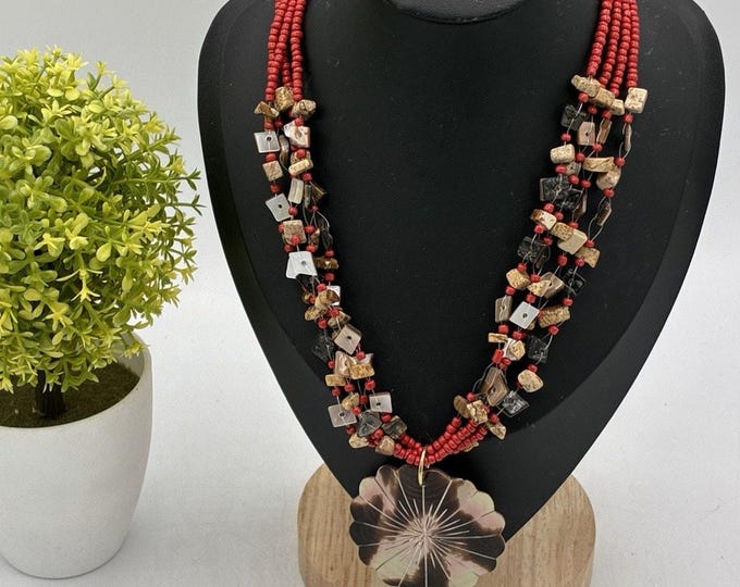Red Beaded Multi Strand Necklace MOP Shell Flower Pendant Stone 16”