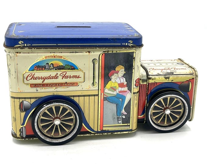 Cherrydale Farms Tin Delivery Truck Coin Bank School Children Vintage Lithograph