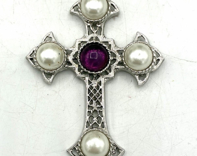 Sarah Coventry Gothic Cross Pendant Faux Pearl Purple Cabochon Silver Tone