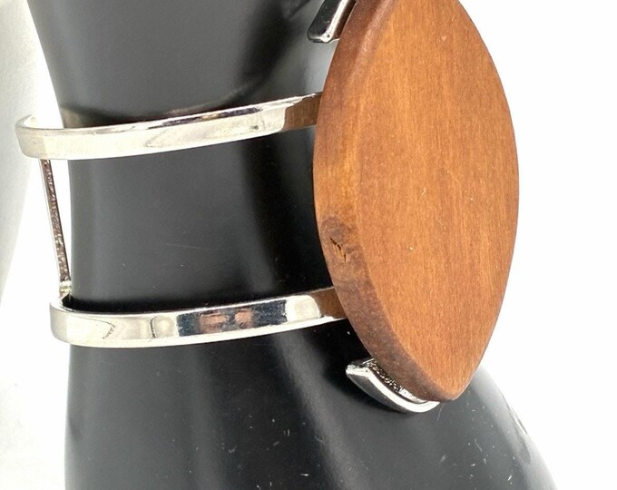 Vintage Silver-Tone Cuff Bracelet Marquise Wood Cabochon