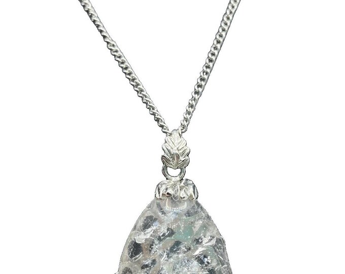 Clear Crackle Teardrop Pendant Necklace Silver Tone Floral Rose Back 21”