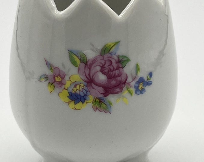 Vintage Footed Egg Pink Rose Pattern Bud Vase Porcelain Decor