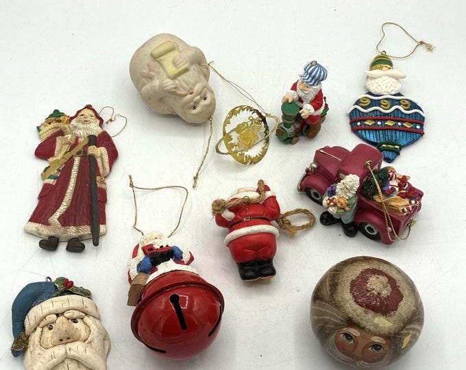 Vintage Santa Claus Ornament Lot 10pc Ceramic Resin Painted Gourd Bell Mixed