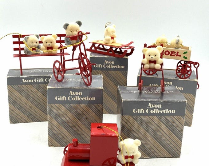 Vintage Avon Teddy Bear Ornament Collection Set 6 Christmas 5 Boxes Taiwan
