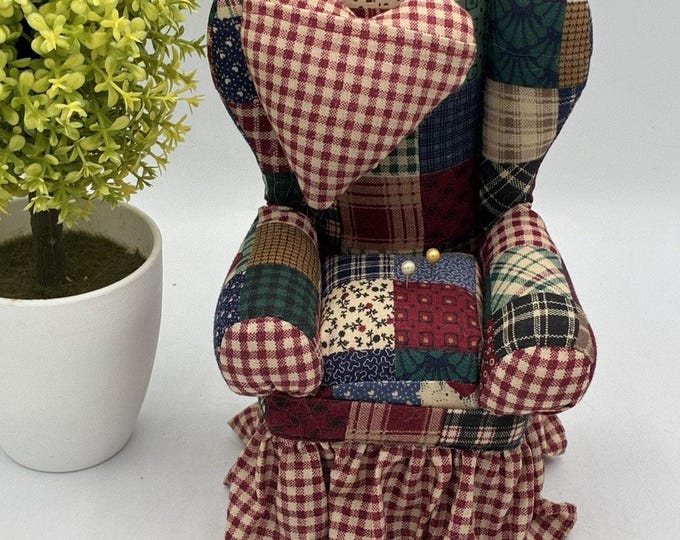 Vintage Patchwork Wingback Chair Pincushion Country Cottage Fabric Heart 7”