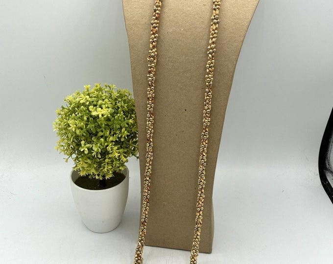 Vintage Gold Tone Lariat Necklace Rose Etched Ball Ends Bead Chain 34 Inch