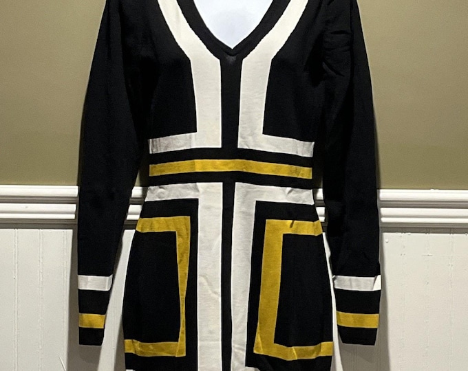 INC Colorblock Knit Bodycon Sweater Dress Black White Yellow Women’s