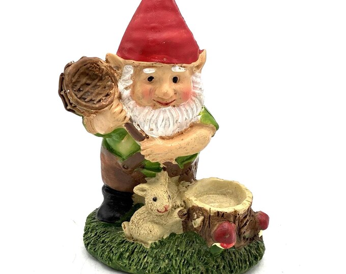 Vintage Resin Garden Gnome Figurine Bunny Rabbit Tree Stump Mini Votive Holder