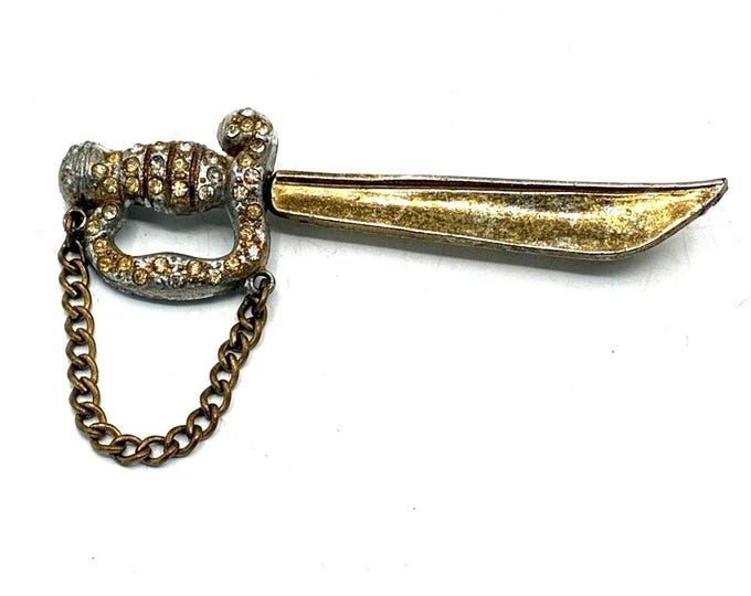 Vintage Rhinestone Sword Dagger Brooch Gold Tone Pave Handle Safety Chain 1940s