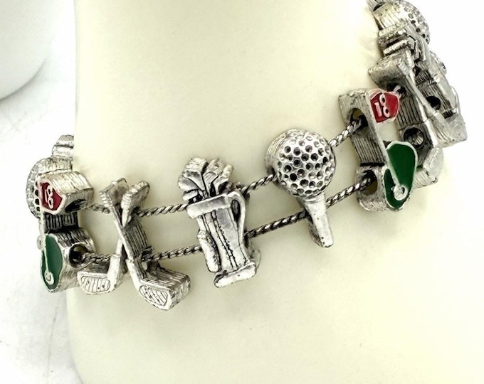 Vintage Silver Tone Golf Bracelet – Enamel Clubs Bag Ball Link 7 Inch