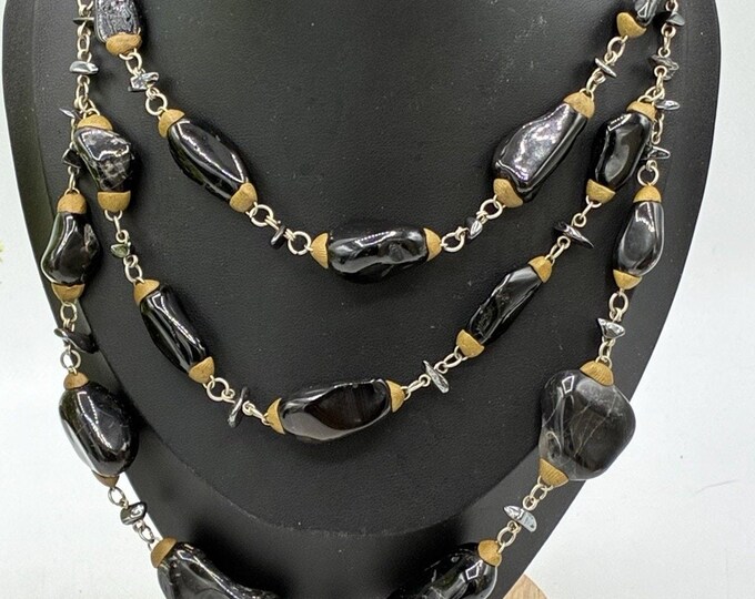 Black Stone Like Bead Necklace 30” Long Chunky Statement Mixed Media Layered