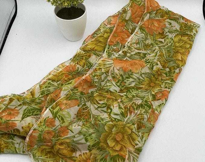 Cream Orange Green Floral Botanical Sheer Scarf Wrap 13x80 Boho 70s Retro