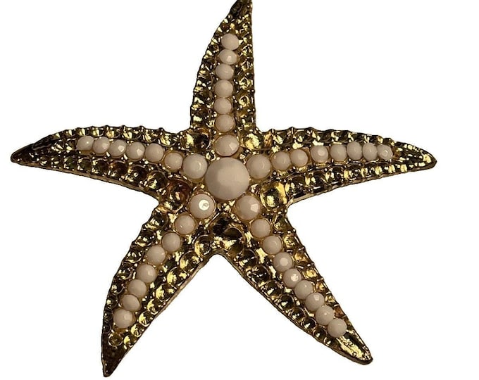 Vintage Gold Tone Starfish Brooch White Rhinestones Beach Coastal Pin