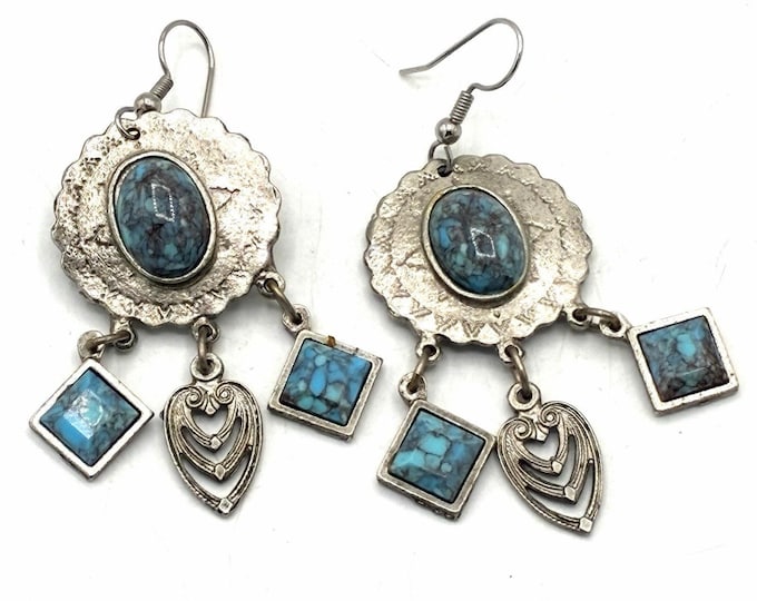 Vintage Southwest Style Blue Matrix Cabochon Dangle Earrings Silver Tone 2”