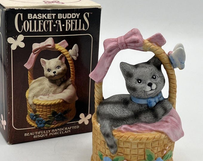 Vintage JSNY Basket Buddy Collect-A-Bell Cat In Basket Bell Bisque Porcelain