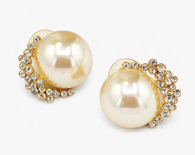 Vintage Faux Pearl Rhinestone Dome Stud Earrings Gold Tone 1980s Glam