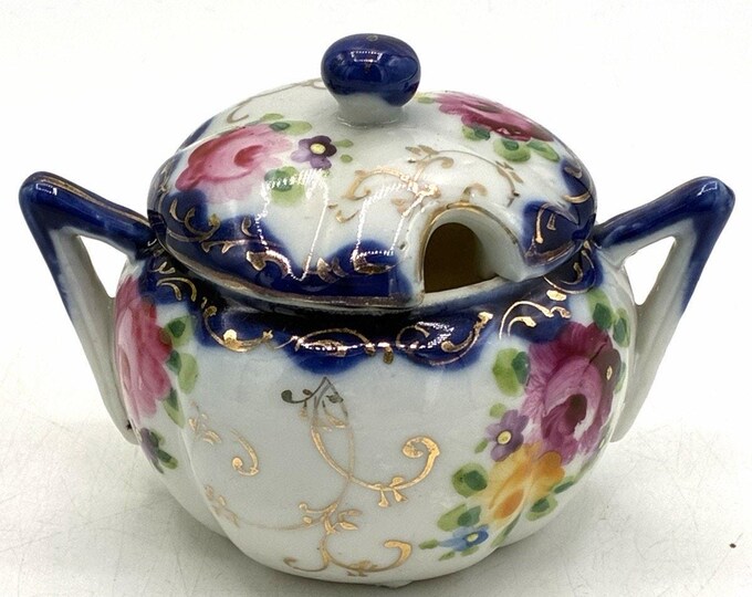 Vintage Hand Painted Japanese Porcelain Covered Sugar Bowl Cobalt Blue Floral