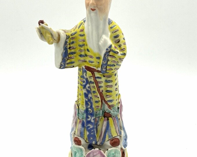 Vintage Chinese Scholar Figurine 8” Polychrome Ceramic Stamped China Asian Decor