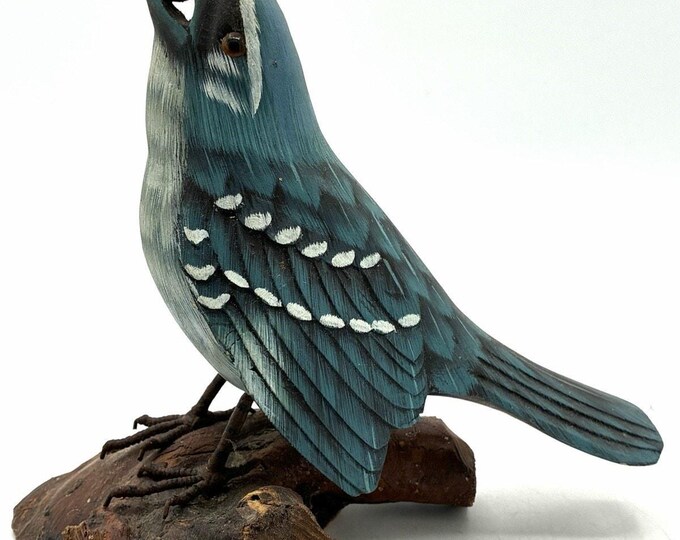 Vintage Hand Carved Wood Blue Jay Bird Figurine Folk Art Natural Branch 6.5”