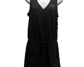 Calvin Klein Sleeveless Romper • Black Gold Logo Spellout • V‑Neck • Women’s S • NWT