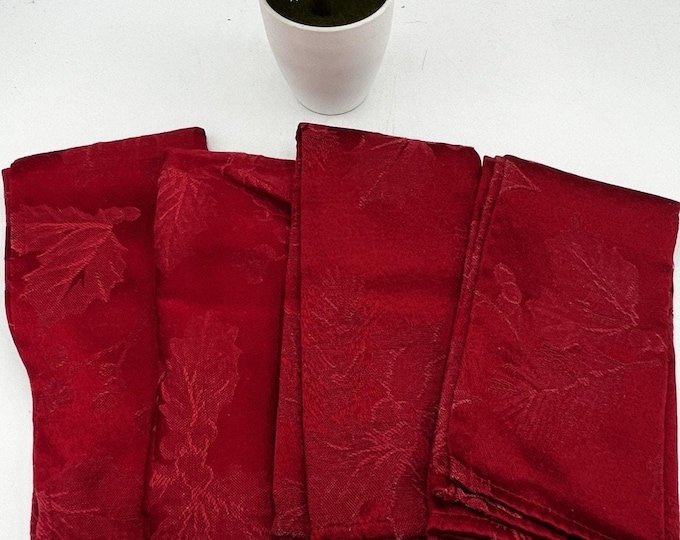 Set 4 Red Damask Cloth Napkins Floral Leaf Jacquard Holiday Dinner