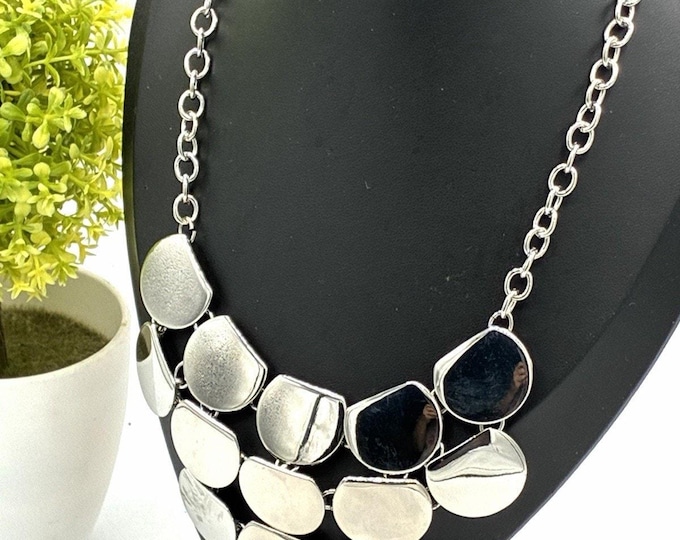 Silver Tone Mirror Statement Bib Necklace Layered Metal Geometric Modern