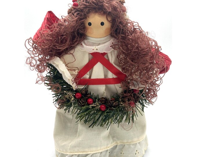 Vintage 10” Folk Art Wooden Angel Handmade with Fabric Outfit & Wreath
