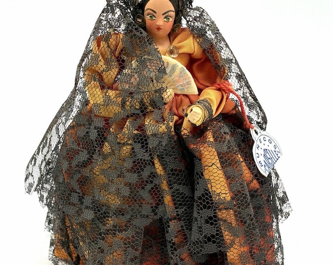Vintage Munecos Carselle Flamenco Style Dancer Doll, Black Lace Mantilla and Fan