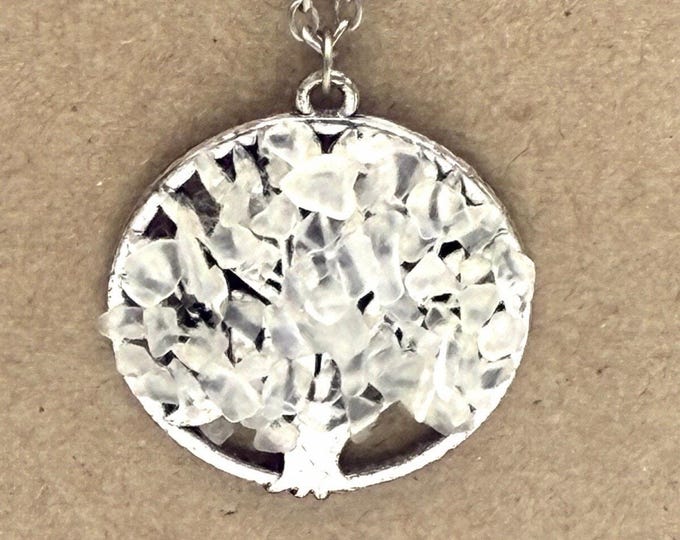 Tree of Life Pendant Necklace Clear Crystal Chip Silver Tone Long 34”