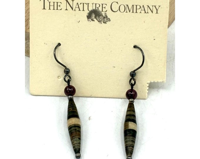 Vintage Nature Company Earrings • Striped Horn Bead Drops • Red Glass Accent • 1980s Boho Jewelry