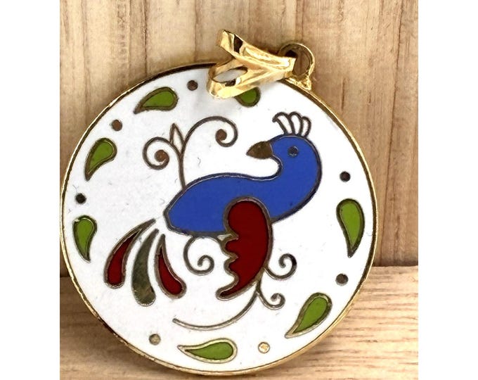 Vintage Cloisonne Enamel Bird Pendant Round Gold Tone Folk Art Blue Red