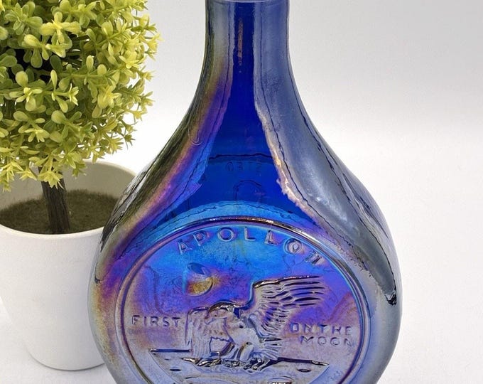 Wheaton Glass Apollo 11 Moon Landing Cobalt Blue Carnival Iridescent Bottle 1969