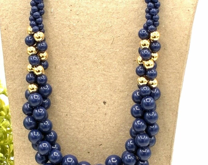 Vintage Navy Blue Gold Beaded Necklace 20” Multi Strand Statement Jewelry